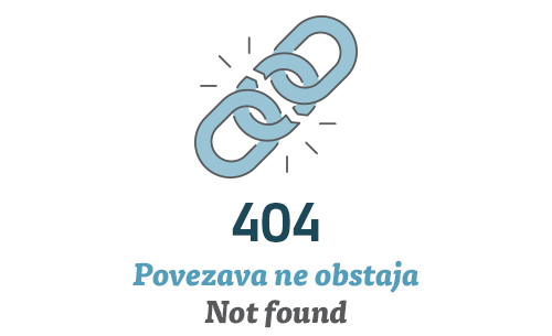 Slika treh členov verige, kjer je sredinski člen prelomljen. Pod sliko napis 404 in besedilo 'Povezava ne obstaja' ter 'Not found'.