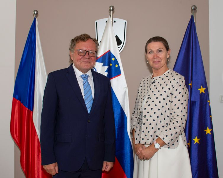 Predsednik VRI Češke republike Miloslav Kala in predsednica računskega sodišča Jana Ahčin pred zastavami Češke republike, Slovenije in Evropske unije