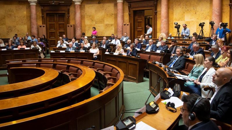 Participants of the conference of the Supreme Audit Institution of Serbia are seated in the small hall of the National Assembly of the Republic of Serbia.