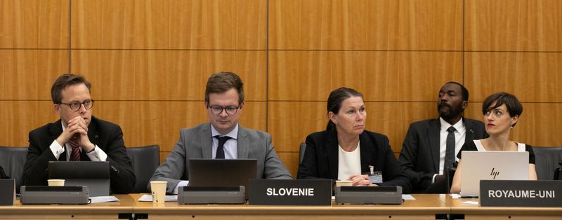 Med udeleženci je bila tudi predsednica računskega sodišča Jana Ahčin Predstavniki več držav sedijo za konferenčno mizo na srečanju OECD. V ospredju je slovenska delegacija z oznako »Slovenie«. Med udeleženci je predsednica Računskega sodišča Republike Slovenije, ki pozorno spremlja razpravo. Pred delegati so prenosni računalniki in gradiva za delo, v ozadju pa je značilna lesena stenska obloga konferenčne dvorane.