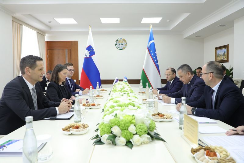 Delegaciji sedita nasproti za dolgo mizo. Na sredini mize je podolgovat cvetlični aranžma iz belih in zelenih cvetov. Na mizi so steklenice vode, kozarci in manjši krožniki s prigrizki. Udeleženci v formalnih oblačilih poslušajo in gledajo drug proti drugemu.