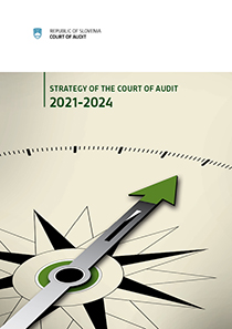 The picture portrays the tree symbolising the Strategy of the Court of Audit which is a supreme audit institution that controls the total public spending. The bottom of the picture depicts the tree trunk with roots branched out into three. The first part of the root represents three main values of the Court of Audit, namely independence, objectivity and efficiency. The second part represents the mission of the institution, that is watching over public money and promoting sustainable development of the society. The third part represents the vision of the Court of Audit, which is to maintain highly reputable and respected institution, recognised for its independent, objective and efficient work, its sustainable impact on the society and its solid and strong cooperation with other stakeholders, as well as dynamic internal organisation with highly skilled, competent and efficient employees, and quality work processes. The upper part of the picture portrays the tree crown with branches and leaves representing the strategic priorities and objectives of the Court of Audit. The lower part of the tree crown embraces the principal strategic objective, namely to contribute to the improvement of operations of the users of public funds and to sustainability of society as a whole. The five big leaves represent the five specific objectives of the Strategy, namely:  sustainably-oriented institution, outcomes of audit reports, enhancing communication and cooperation with others, quality work processes, motivated and skilled employees