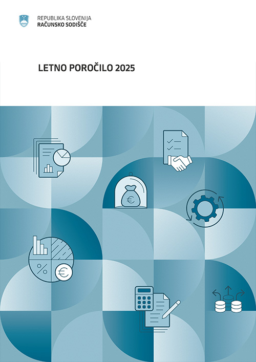Naslovnica Letnega poročila 2025 na ozadje sestavljeno iz četrtink kroga v svetlomodrih odtenkih so postavljene naslednje ikone na temo financ: papirji s stolpčnim in tortičnim grafom; steklena kupola, ki varuje mošnjiček z denarjem; pisni dogovor na papirju ponazorjen s stiskom rok; vrteče kolo kolesja; ikona v kateri so združeni različni grafi in znaka za euro in procent; papirji s kalkulatorjem in pisalom; trije kupčki kovancev, s puščicami, ki ponazarjajo v katero smer gre denar.