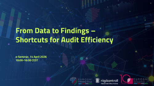Naslovni plakat e-seminarja »From Data to Findings – Shortcuts for Audit Efficiency« z datumom 14. april 2026 in časom 10:00–16:00 CEST, z grafičnim ozadjem podatkovnih vizualizacij in logotipi organizatorjev.