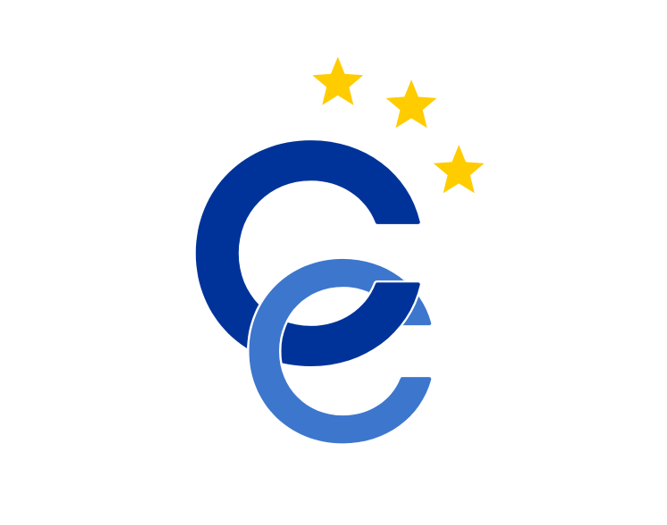 Logotip Kontaktnega odbora vodij vrhovnih revizijskih institucij EU z dvema prepletenima modrima črkama C in tremi rumenimi zvezdami.