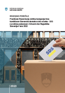 Roka, ki spušča v volilno škatlo listek z imenom SDS. V ozadju vhodni portal stavbe slovenskega parlamenta.